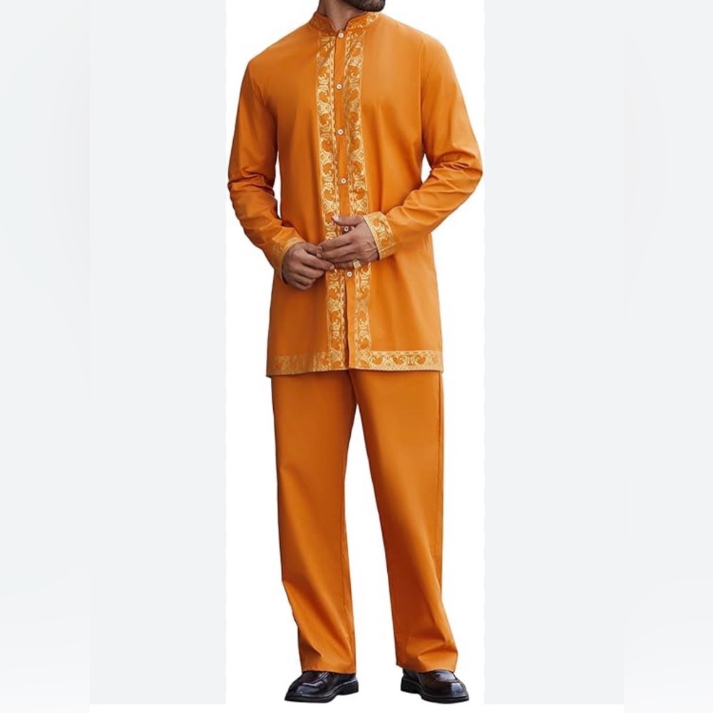 Gold Print Dashiki Shirt and Pants Outfit , Men's Size Small ,African 2 Piece